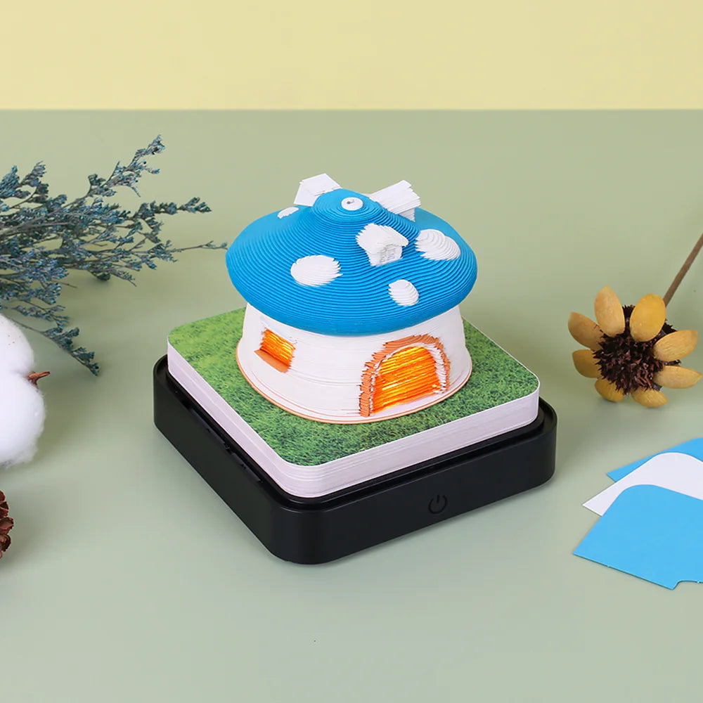 Omoshiroi Block 3D Art Calendar 2024 3D Artistic Notepad Mushroom House Led Memo Pad 3D Note Paper Accessories Christmas Gift