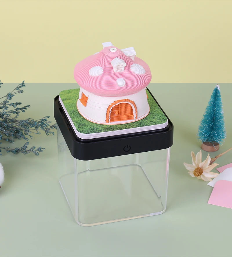 Omoshiroi Block 3D Art Calendar 2024 3D Artistic Notepad Mushroom House Led Memo Pad 3D Note Paper Accessories Christmas Gift