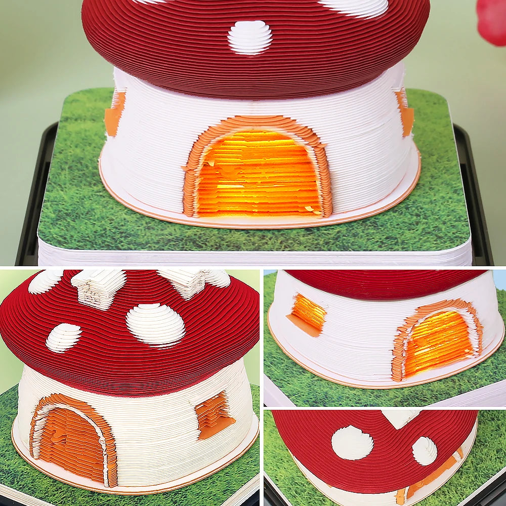 Omoshiroi Block 3D Art Calendar 2024 3D Artistic Notepad Mushroom House Led Memo Pad 3D Note Paper Accessories Christmas Gift