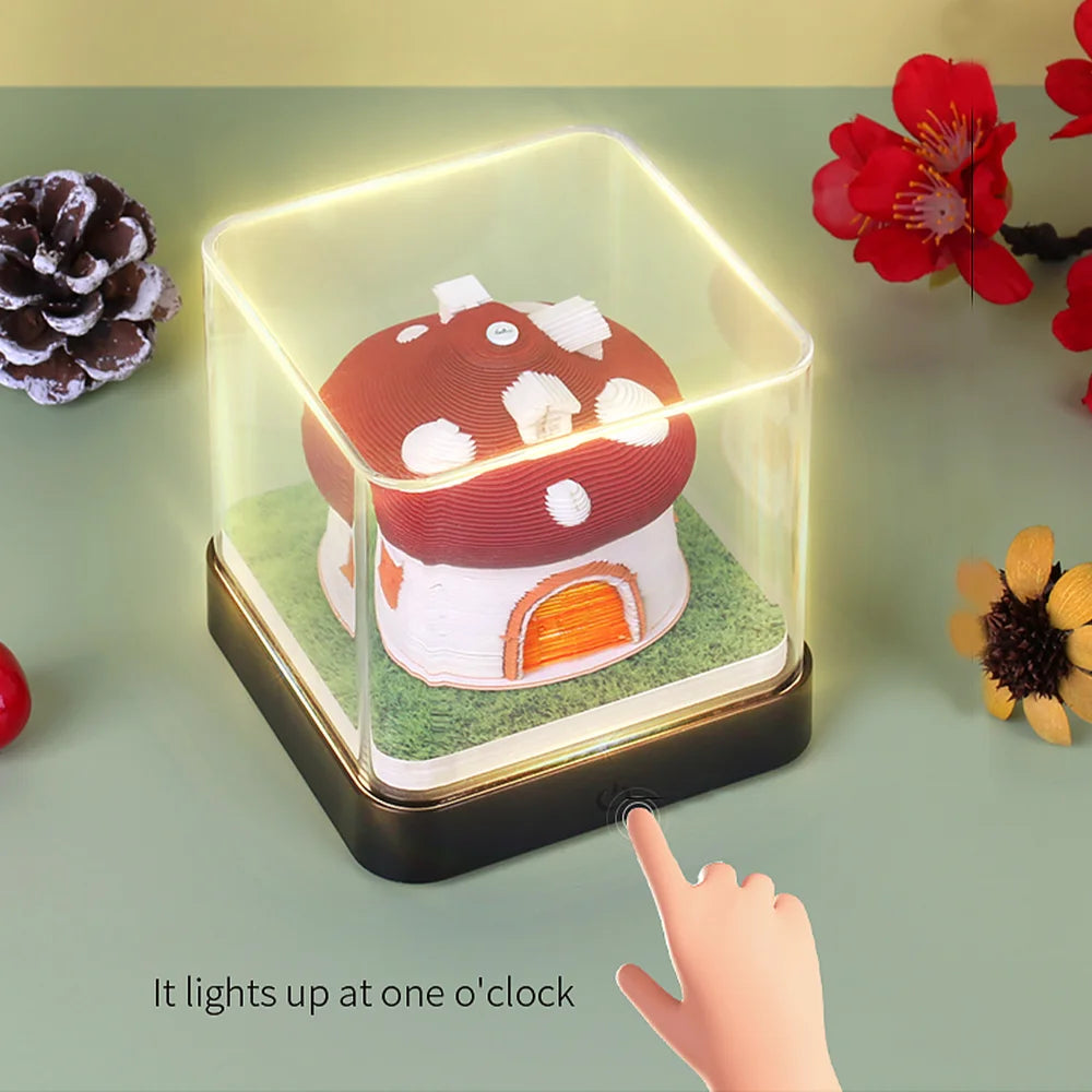 Omoshiroi Block 3D Art Calendar 2024 3D Artistic Notepad Mushroom House Led Memo Pad 3D Note Paper Accessories Christmas Gift
