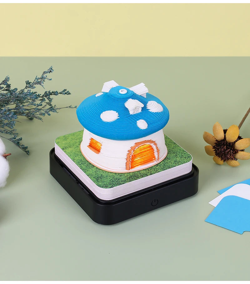Omoshiroi Block 3D Art Calendar 2024 3D Artistic Notepad Mushroom House Led Memo Pad 3D Note Paper Accessories Christmas Gift
