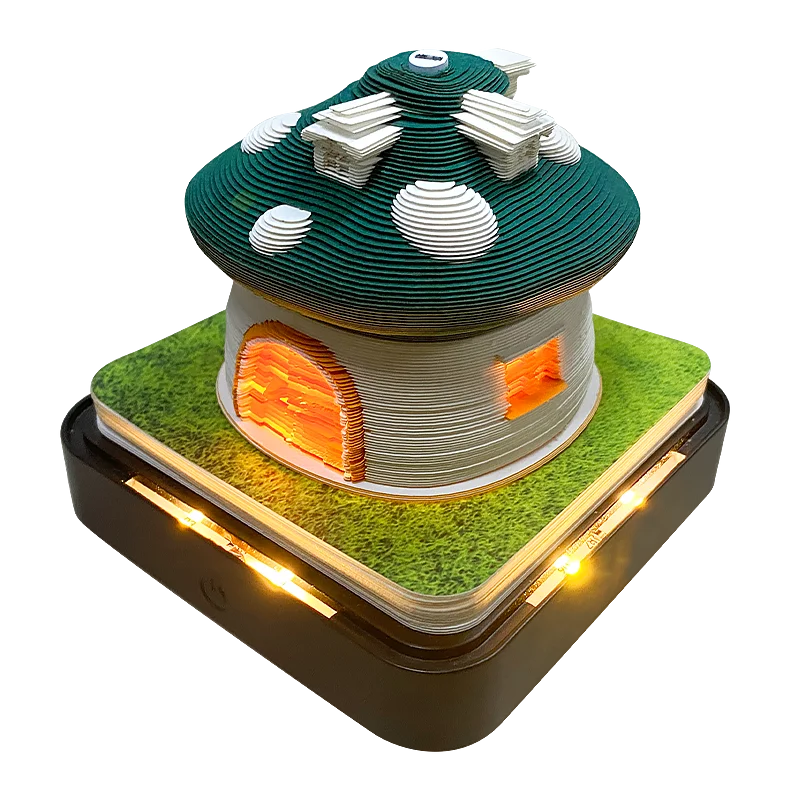 Omoshiroi Block 3D Art Calendar 2024 3D Artistic Notepad Mushroom House Led Memo Pad 3D Note Paper Accessories Christmas Gift