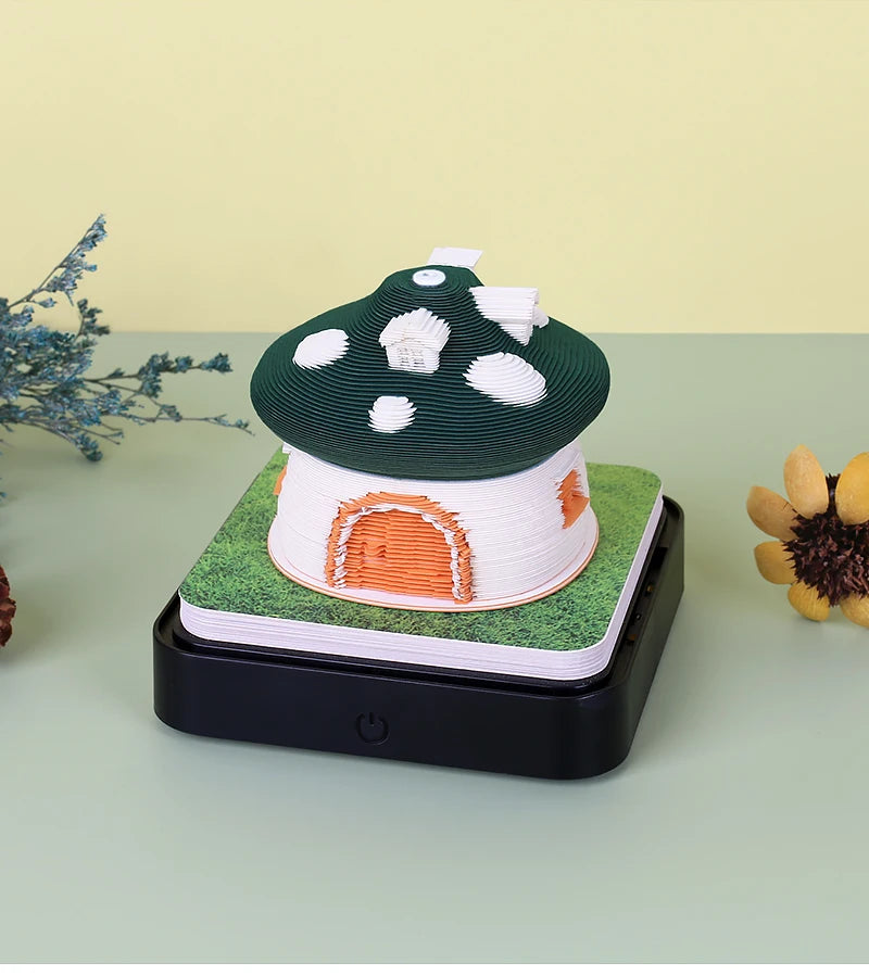 Omoshiroi Block 3D Art Calendar 2024 3D Artistic Notepad Mushroom House Led Memo Pad 3D Note Paper Accessories Christmas Gift