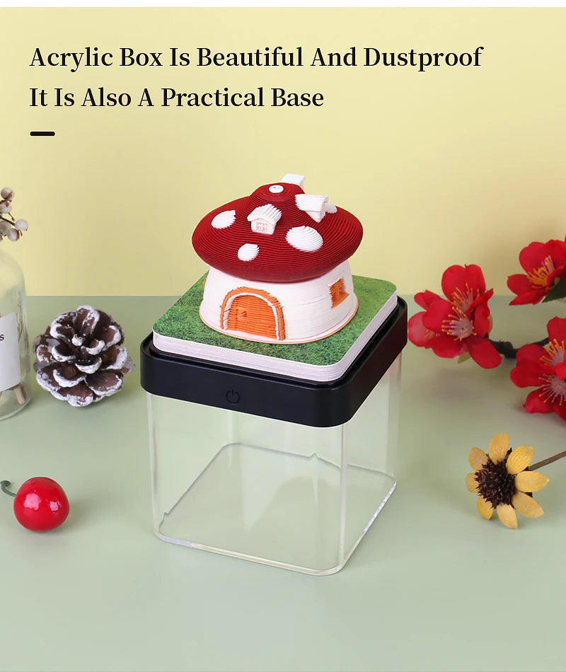 Omoshiroi Block 3D Art Calendar 2024 3D Artistic Notepad Mushroom House Led Memo Pad 3D Note Paper Accessories Christmas Gift
