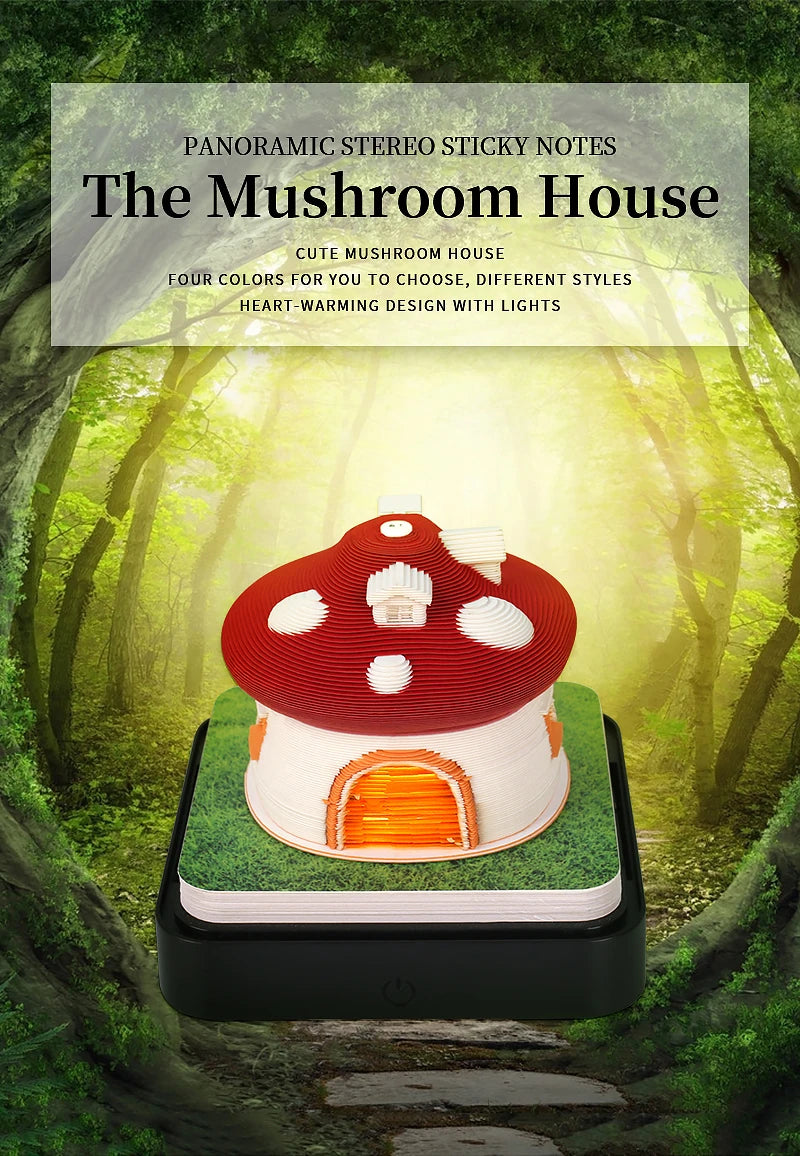 Omoshiroi Block 3D Art Calendar 2024 3D Artistic Notepad Mushroom House Led Memo Pad 3D Note Paper Accessories Christmas Gift