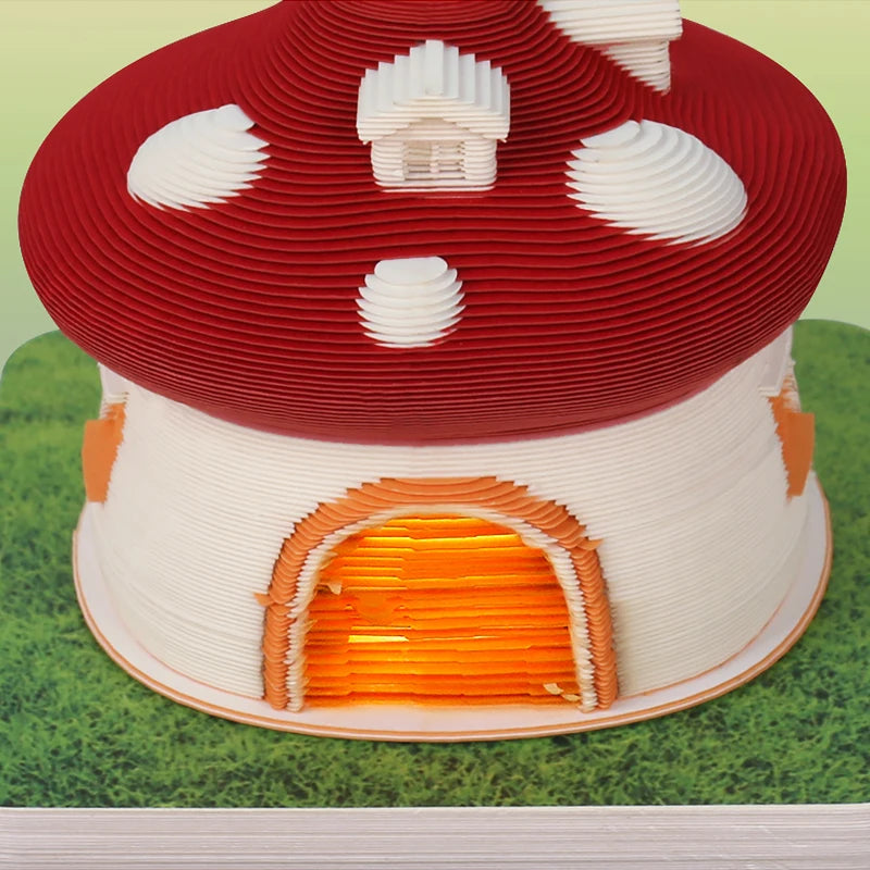 Omoshiroi Block 3D Art Calendar 2024 3D Artistic Notepad Mushroom House Led Memo Pad 3D Note Paper Accessories Christmas Gift