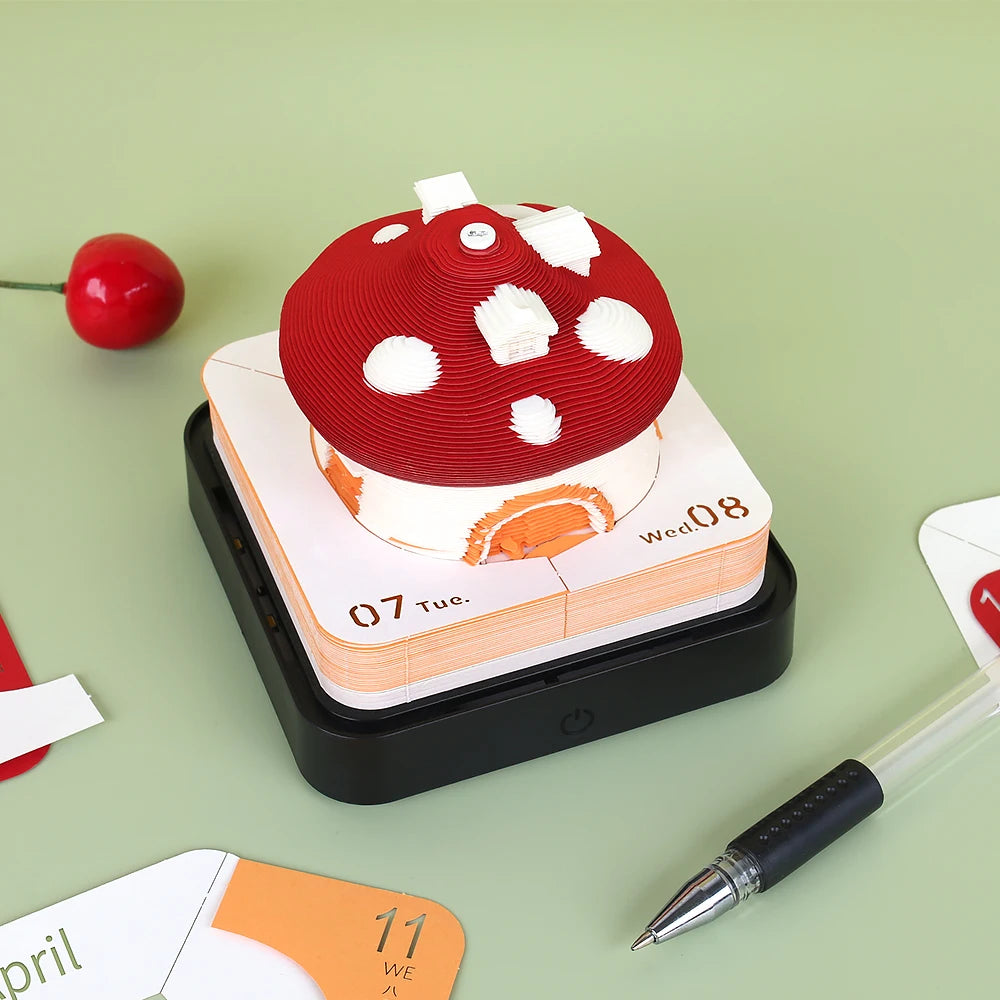 Omoshiroi Block 3D Art Calendar 2024 3D Artistic Notepad Mushroom House Led Memo Pad 3D Note Paper Accessories Christmas Gift