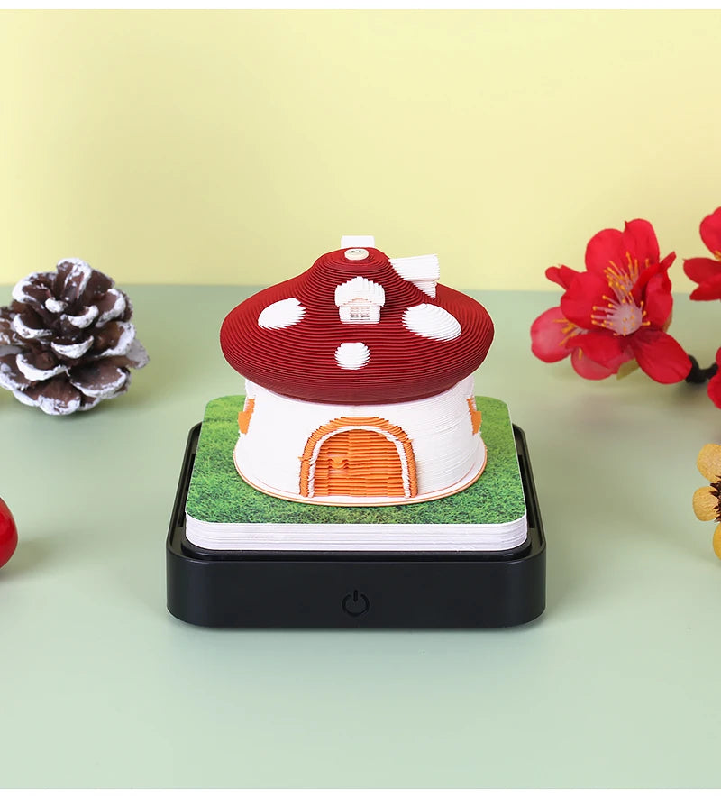 Omoshiroi Block 3D Art Calendar 2024 3D Artistic Notepad Mushroom House Led Memo Pad 3D Note Paper Accessories Christmas Gift