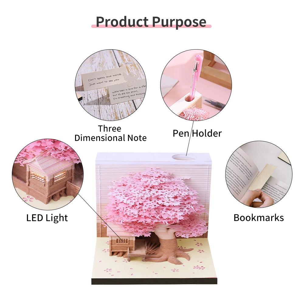 Omoshiroi Block 3D Notepad Cubes 190 Sheets Cute Tree House Mini Memo Pad Calendar Diy Scrapbooking New Year 2023 Novelty Gifts