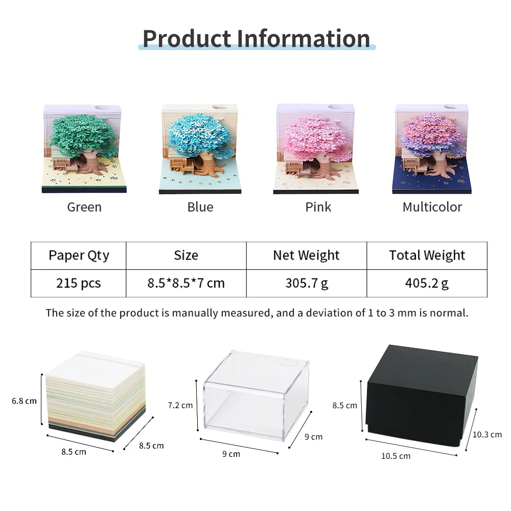 Omoshiroi Block 3D Notepad Cubes 190 Sheets Cute Tree House Mini Memo Pad Calendar Diy Scrapbooking New Year 2023 Novelty Gifts