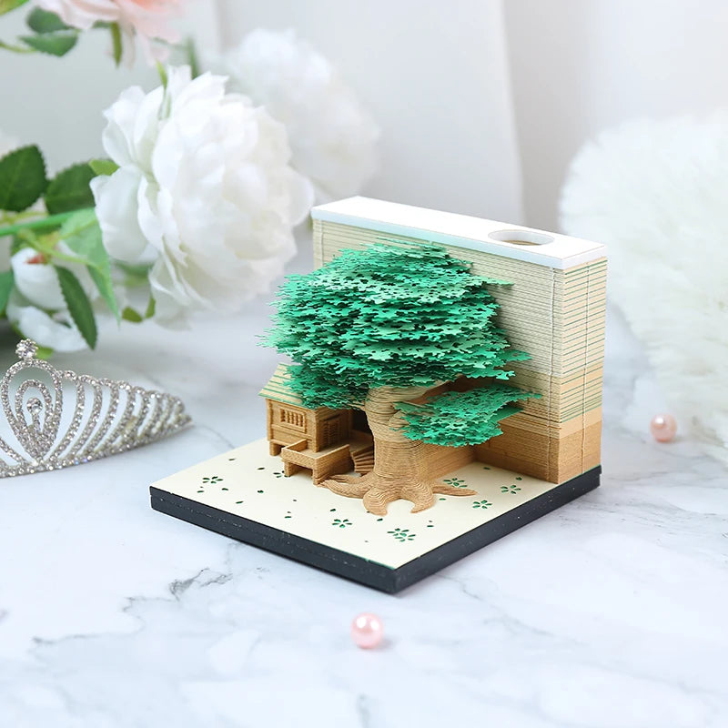 Omoshiroi Block 3D Notepad Cubes 190 Sheets Cute Tree House Mini Memo Pad Calendar Diy Scrapbooking New Year 2023 Novelty Gifts