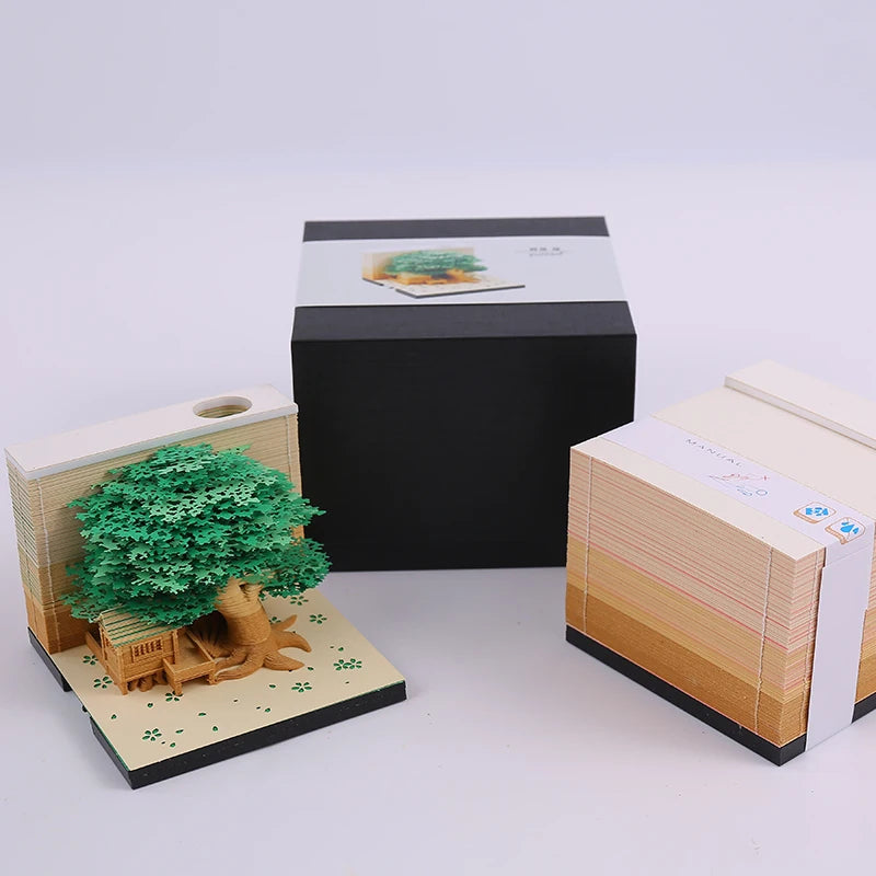 Omoshiroi Block 3D Notepad Cubes 190 Sheets Cute Tree House Mini Memo Pad Calendar Diy Scrapbooking New Year 2023 Novelty Gifts