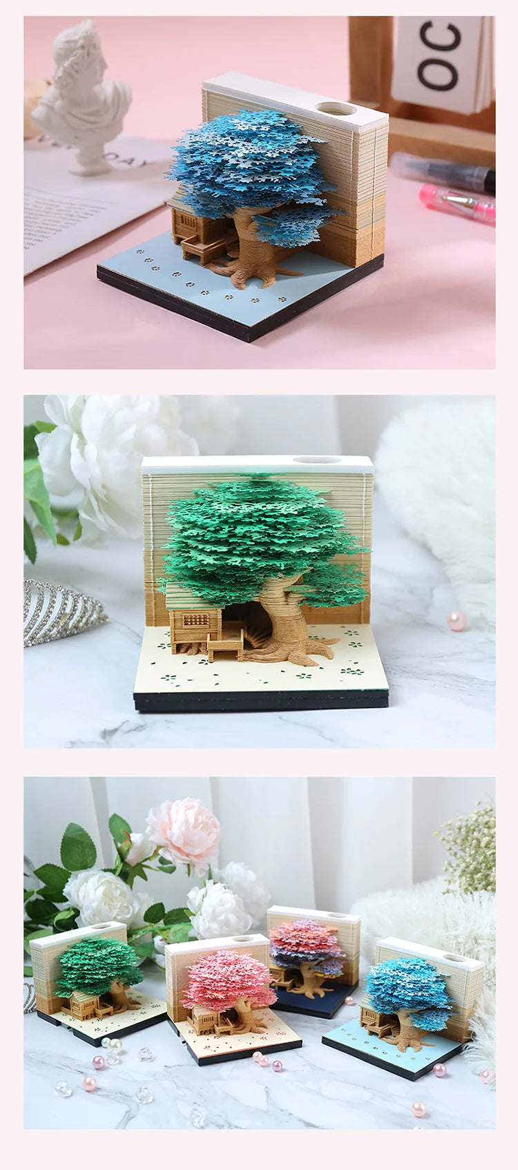 Omoshiroi Block 3D Notepad Cubes 190 Sheets Cute Tree House Mini Memo Pad Calendar Diy Scrapbooking New Year 2023 Novelty Gifts