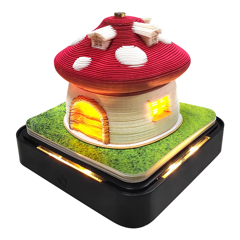 Omoshiroi Block 3D Art Calendar 2024 3D Artistic Notepad Mushroom House Led Memo Pad 3D Note Paper Accessories Christmas Gift