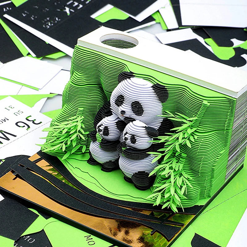 Panda Hand Tearable Desk Calendar 2025 Memo Pad Creative Desk Calendar DIY Notes 3D Art Calendar Paper Carving Gift House