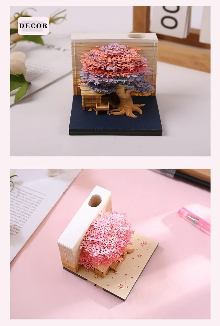 Omoshiroi Block 3D Notepad Cubes 190 Sheets Cute Tree House Mini Memo Pad Calendar Diy Scrapbooking New Year 2023 Novelty Gifts