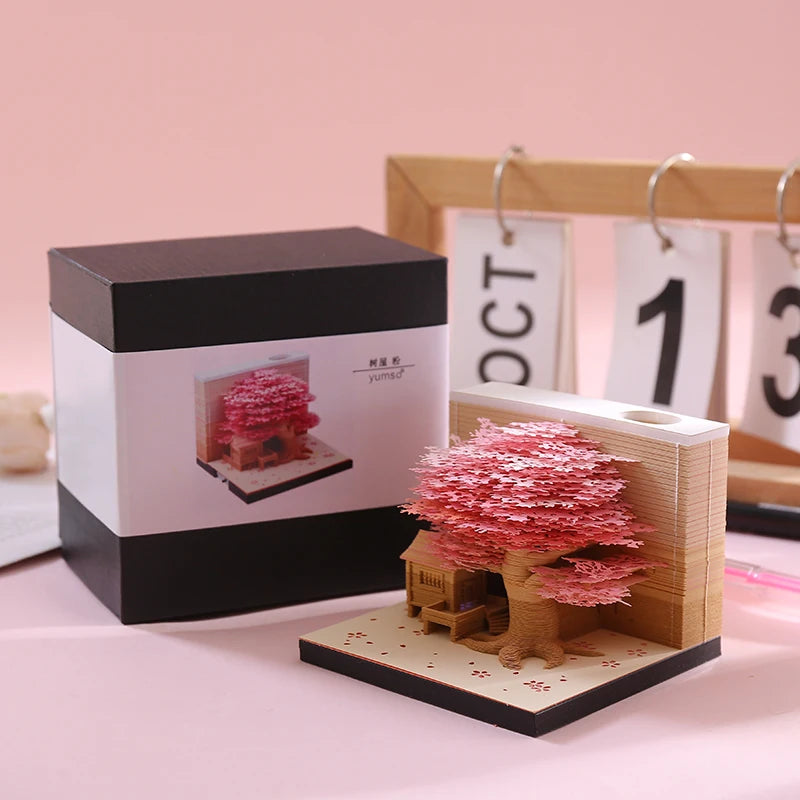 Omoshiroi Block 3D Notepad Cubes 190 Sheets Cute Tree House Mini Memo Pad Calendar Diy Scrapbooking New Year 2023 Novelty Gifts