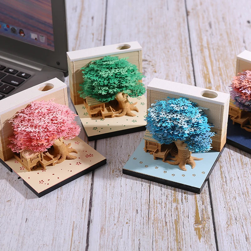Omoshiroi Block 3D Notepad Cubes 190 Sheets Cute Tree House Mini Memo Pad Calendar Diy Scrapbooking New Year 2023 Novelty Gifts